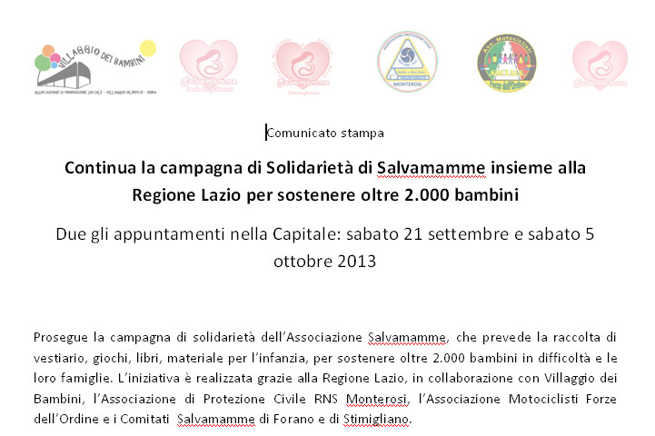 Continua la campagna di Solidarietà di Salvamamme