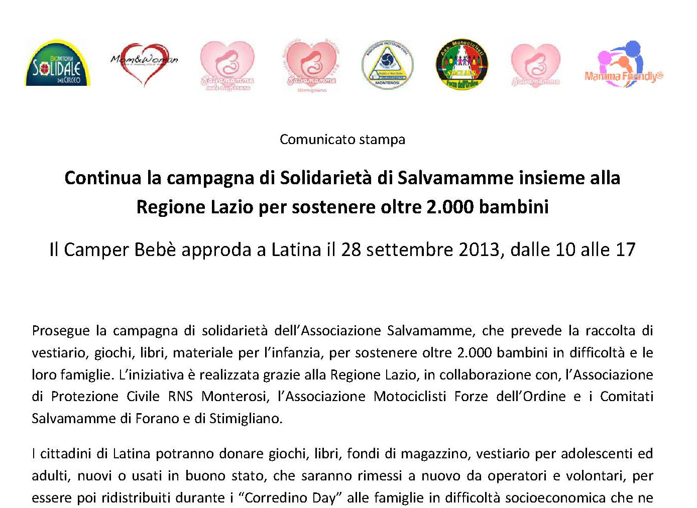 Campagna di solidarietà: il camper Bebè approda a Latina