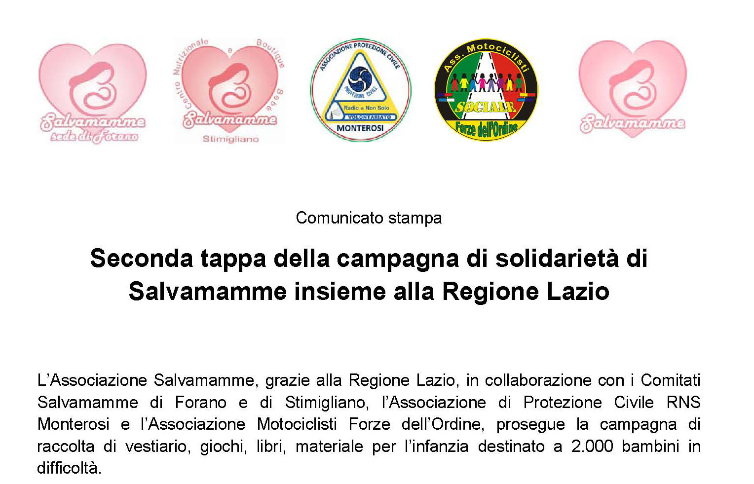Seconda tappa della campagna di solidarietà di Salvamamme insieme alla Regione Lazio