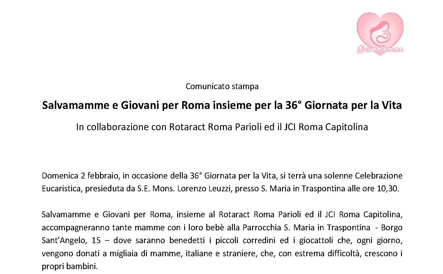 Salvamamme e Giovani per Roma insieme per la 36° Giornata per la Vita