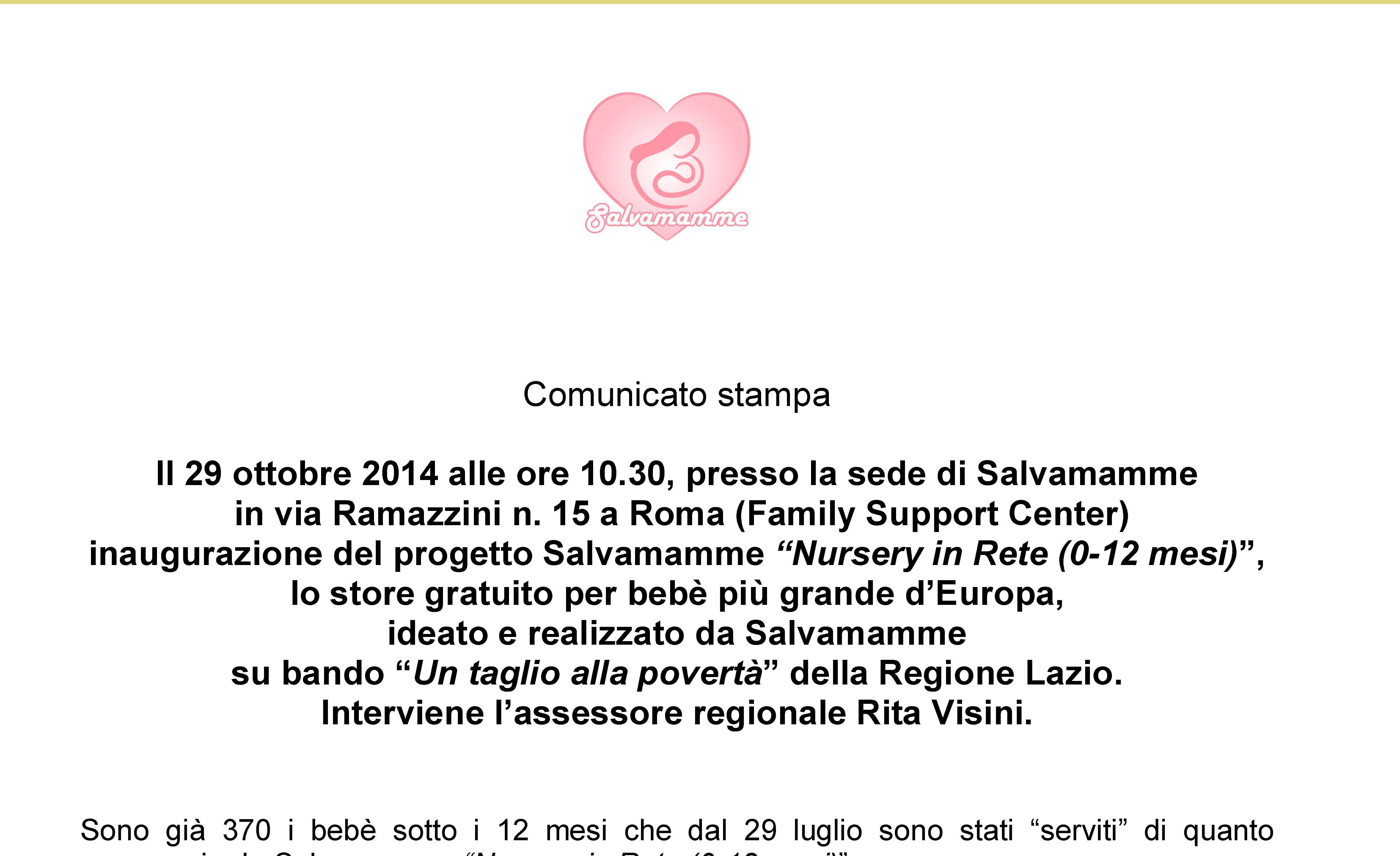 29 ottobre 2014: inaugurazione di “Salvamamme Nursery in rete”