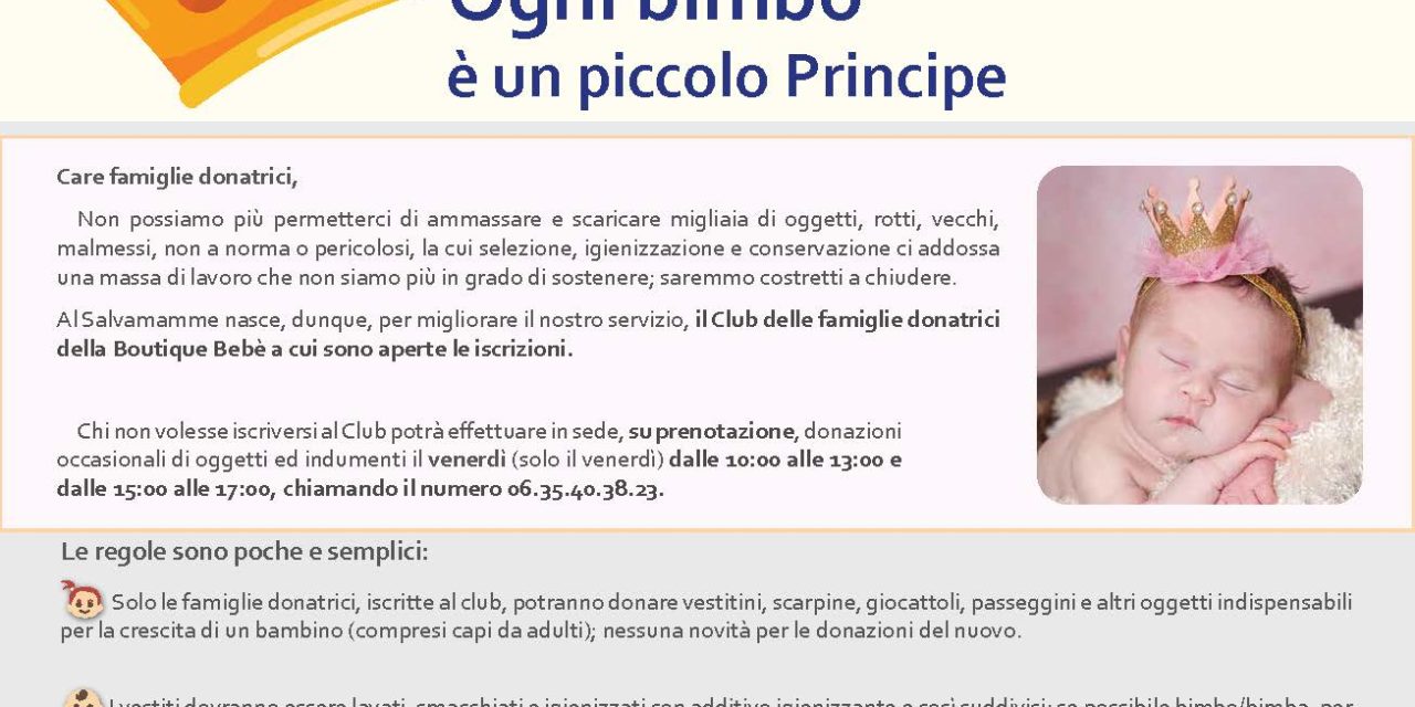 Nasce il Club delle Famiglie donatrici della Boutique Bebè di Salvamamme